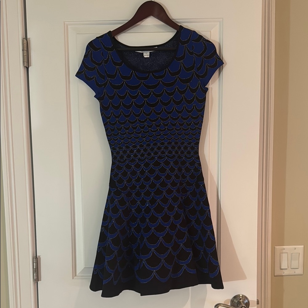 Diane Von Furstenberg Metallic Knit Blue and Black Fit and Flare Dress